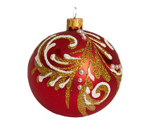A red handmade glass Christmas tree ball with a golden ornament, 3,25 inches