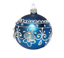A blue handmade glass Christmas tree ball with a white ornament and beads, 3,25 inches