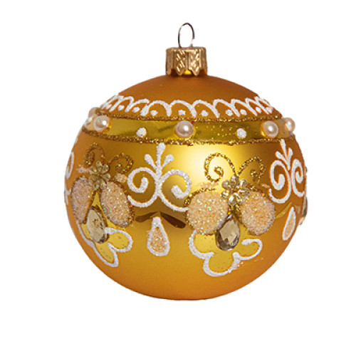 A golden handmade glass Christmas tree ball with a white ornament and beads, 3,25 inches