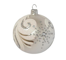 A silver handmade glass Christmas tree ball with a white and silver winter ornament, 3,25 inches