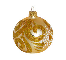 A golden handmade glass Christmas tree ball with a white and golden winter ornament, 3,25 inches