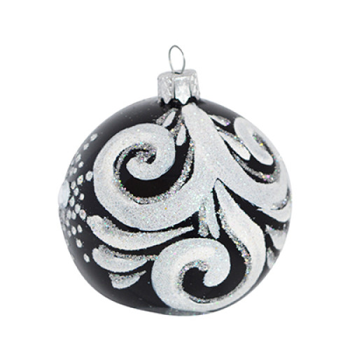 A black handmade glass Christmas tree ball with a white and silver winter ornament, 3,25 inches