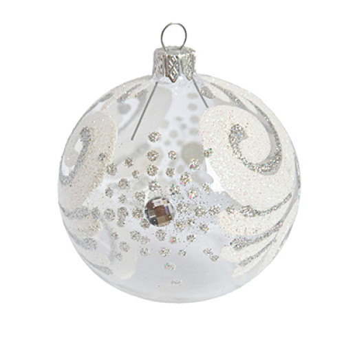 A transparent handmade glass Christmas tree ball with a white and silver winter ornament, 3,25 inches