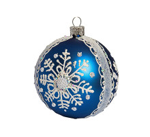 A blue handmade glass Christmas tree ball with a white depiction of a snowflake, embellished with pearls, 3,25 inches