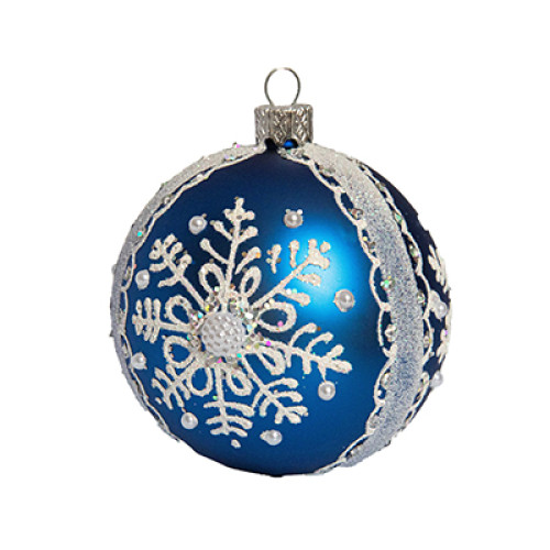 A blue handmade glass Christmas tree ball with a white depiction of a snowflake, embellished with pearls, 3,25 inches