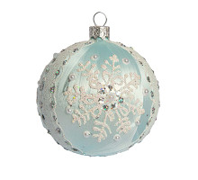 A mint handmade glass Christmas tree ball with a white depiction of a snowflake, embellished with pearls, 3,25 inches