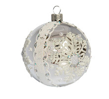 A silver handmade glass Christmas tree ball with a white depiction of a snowflake, embellished with pearls, 3,25 inches