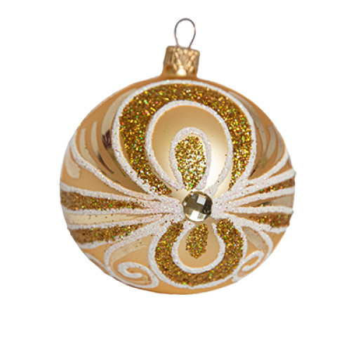 A golden handmade glass Christmas tree ball with an ornament, embellished with beads, 3,25 inches