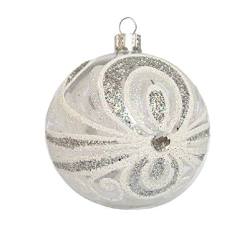 A transparent handmade glass Christmas tree ball with an ornament, embellished with beads, 3,25 inches
