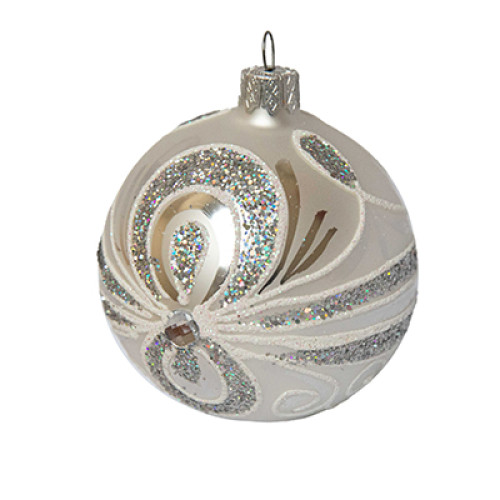 A silver handmade glass Christmas tree ball with an ornament, embellished with beads, 3,25 inches