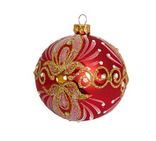 A red handmade glass Christmas tree ball with an ornament, embellished with beads, 3,25 inches