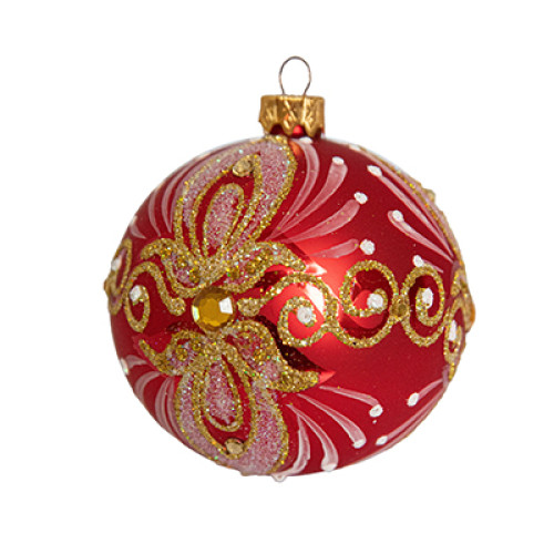 A red handmade glass Christmas tree ball with an ornament, embellished with beads, 3,25 inches