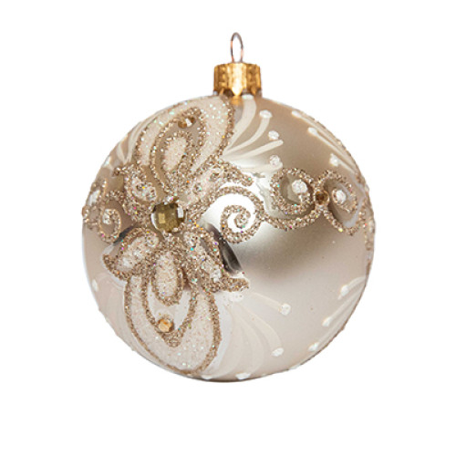 A champagne handmade glass Christmas tree ball with an ornament, embellished with beads and glitter, 3,25 inches
