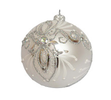 Куля скляна срібна, з орнаментом, оздоблена намистинами та глітером, ручна робота, 8 см