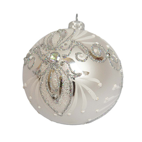 A golden handmade glass Christmas tree ball with an ornament, embellished with beads and glitter, 3,25 inches