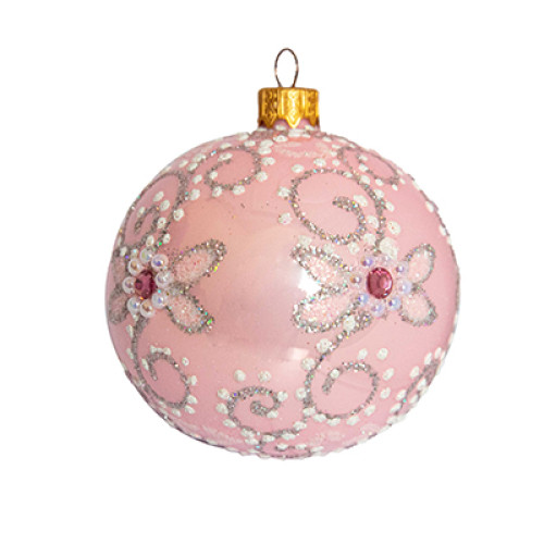 A glossy pink handmade glass Christmas tree ball with a gentle floral ornament, embellished with beads, 3,25 inches