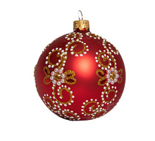 A matte red handmade glass Christmas tree ball with a gentle floral ornament, embellished with beads, 3,25 inches