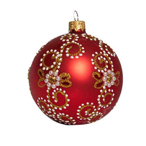 A matte red handmade glass Christmas tree ball with a gentle floral ornament, embellished with beads, 3,25 inches