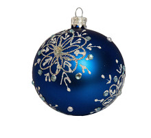 A blue handmade glass Christmas tree ball with a silver depiction of a snowflake flower, embellished with beads and glitter, 3,25 inches