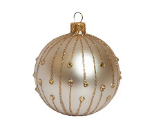A champagne handmade glass Christmas tree ball with beads and glitter, 3,25 inches