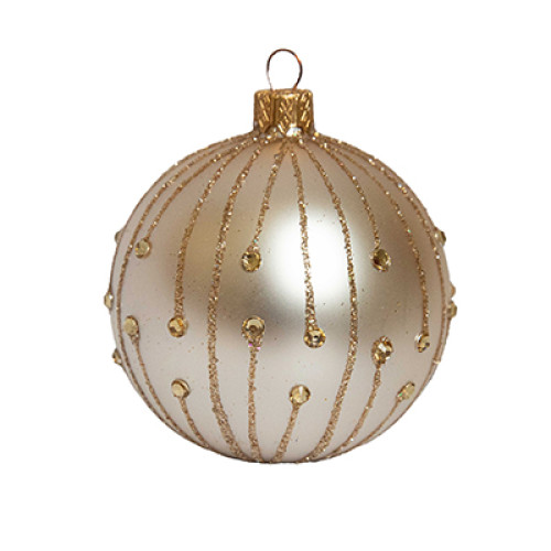A champagne handmade glass Christmas tree ball with beads and glitter, 3,25 inches