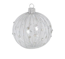 A transparent handmade glass Christmas tree ball with beads and glitter, 3,25 inches