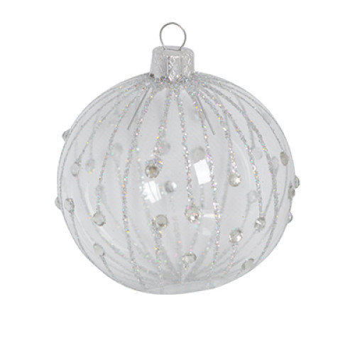 A transparent handmade glass Christmas tree ball with beads and glitter, 3,25 inches