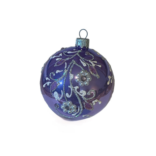 A purple handmade glass Christmas tree ball with a gentle floral ornament, 3,25 inches