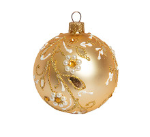 Куля скляна кольору "шампань", з золотим рослинним орнаментом, ручна робота, 8 см