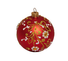 A red handmade glass Christmas tree ball with a gentle floral ornament, 3,25 inches