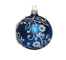 A blue handmade glass Christmas tree ball with a gentle floral ornament, 3,25 inches