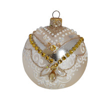 Куля скляна кольору "шампань", з біло-золотим орнаментом, інкрустована стразами, ручна робота, 8 см