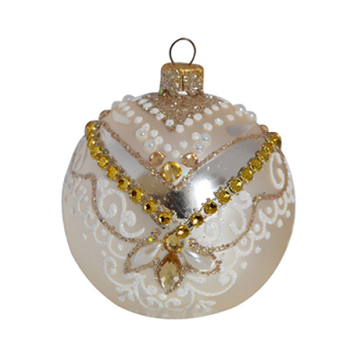 Куля скляна кольору "шампань", з біло-золотим орнаментом, інкрустована стразами, ручна робота, 8 см