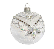 A transparent handmade glass Christmas tree ball with a white and silver ornament, encrusted with rhinestones, 3,25 inches