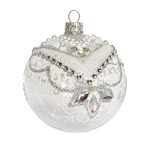 A transparent handmade glass Christmas tree ball with a white and silver ornament, encrusted with rhinestones, 3,25 inches