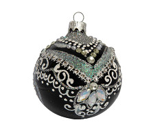 A black handmade glass Christmas tree ball with a white and silver ornament, encrusted with rhinestones, 3,25 inches