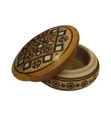 A wooden rakva-casket with a traditional Ukrainian tracery, encrusted with beads,