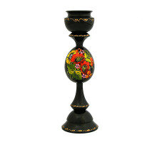 A black handmade wooden candleholder with bright flowers, hand-painted in Petrykivskyi painting technique, 6,7 inches