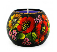 A black wooden candleholder with bright flowers, hand-painted in Petrykivskyi painting technique, 2,6 inches