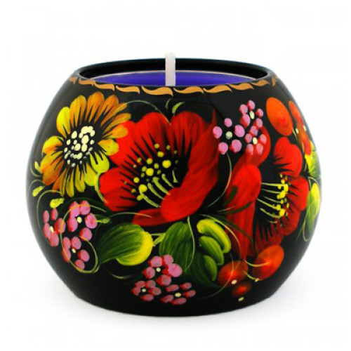 A black wooden candleholder with bright flowers, hand-painted in Petrykivskyi painting technique, 2,6 inches