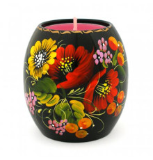 A black wooden candleholder with red poppy flowers, hand-painted in Petrykivskyi painting technique, 2,6 inches