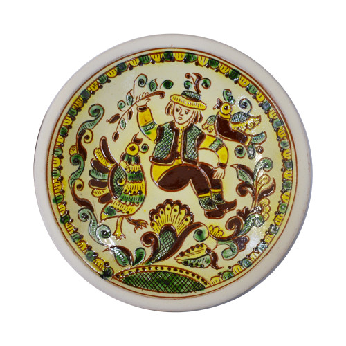 A ceramic handmade plate with a Hutsul ornament painted in Kosiv painting technique, 7,9 inches