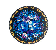 A black wooden decorative plate with bright sky-blue flowers made in Petrykivskyi painting technique, 9 inches