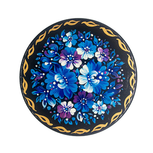 A black wooden decorative plate with bright sky-blue flowers made in Petrykivskyi painting technique, 9 inches