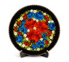 A wooden decorative plate with bright red poppy flowers made in Petrykivskyi painting technique, 9 inches