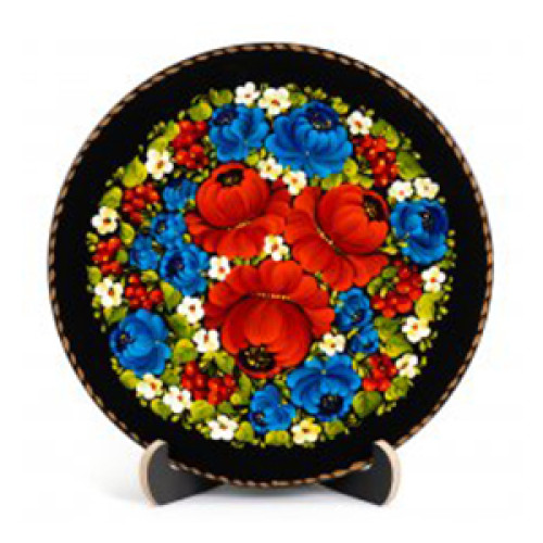 A wooden decorative plate with bright red poppy flowers made in Petrykivskyi painting technique, 9 inches