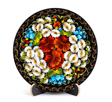Дерев'яна декоративна тарілка з маками та ромашками, виконана в техніці "Петриківський розпис", діаметр 23 см