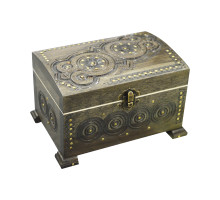 A carved handmade wooden casket, decorated with metal insertions,