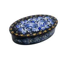 An oval wooden casket with gentle sky-blue flowers, hand-painted in Petrykivskyi painting technique, 5,7х3,3х1,4 inches