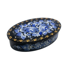 An oval wooden casket with gentle sky-blue flowers, hand-painted in Petrykivskyi painting technique, 5,7х3,3х1,4 inches